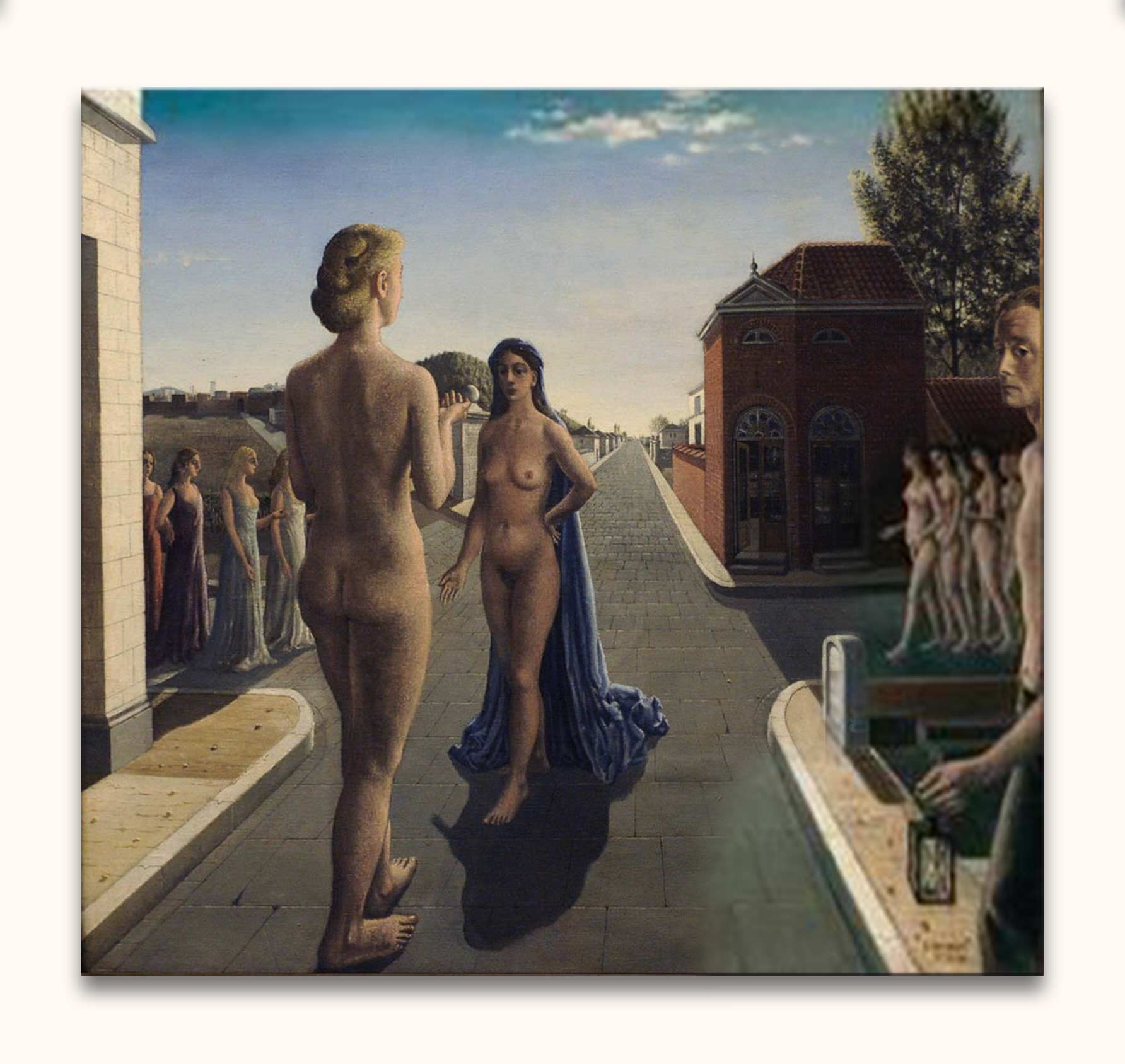 Paul Delvaux's The Encounter: Surreal scene with nude figures in a plaza, featuring a tree, distant buildings, and a kiosk with figurines. Oil on museum-quality canvas.