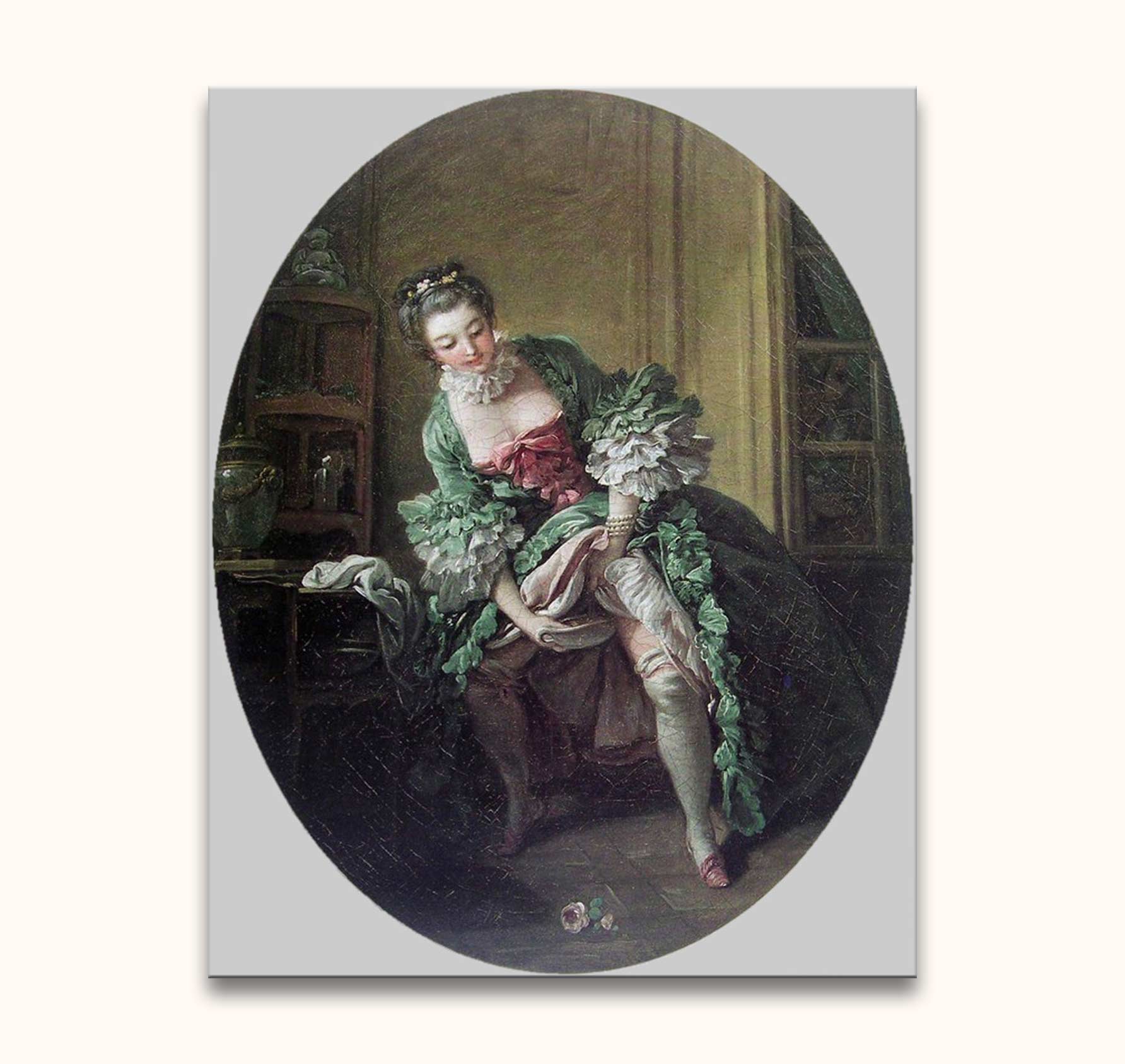 Francois Boucher - 'The Intimate Toilette': Rococo-style painting of a young woman in a green dress adjusting her stocking, with ornate interior details.