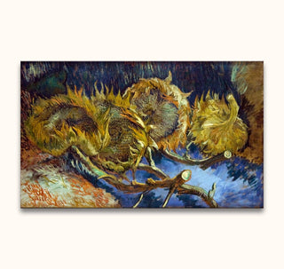 Vincent van Gogh's Vier Uitgebloeide Zonnebloemen hand-painted oil artwork, showcasing four sunflower heads with knobbly stems, ready to hang.