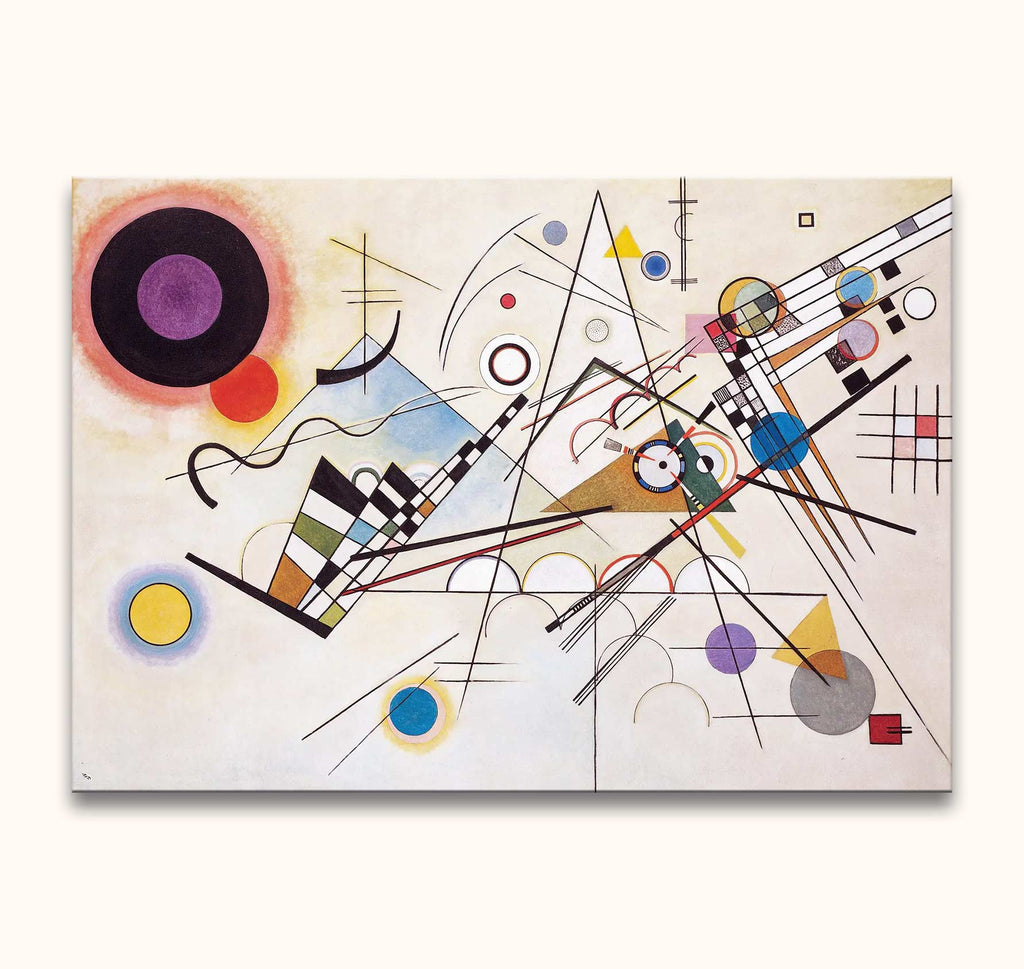 Kandinsky - Compositie 8: Abstract oil painting with dynamic geometric shapes and lines, inspired by Wassily Kandinsky’s style. Hand-painted on museum-quality canvas.