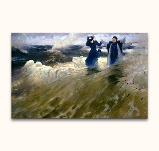 Ilja Jefimovitsj Repin's What a Freedom! features two figures braving waves on a late-19th-century seaside, showcasing realism and symbolism.