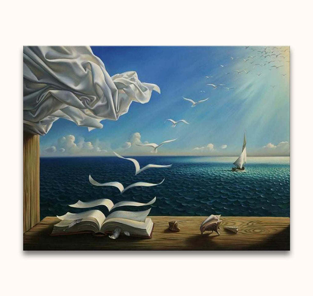 Surreal seascape painting Salvador Dali - Golven: dock with book morphing into birds, sailboat in calm sea, blending imagination and freedom.