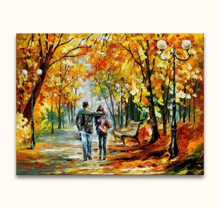 Leonid Afremov's You and Me (70x55cm) features a couple strolling through an autumn park, painted in an impressionistic style with vibrant, textured brushwork.