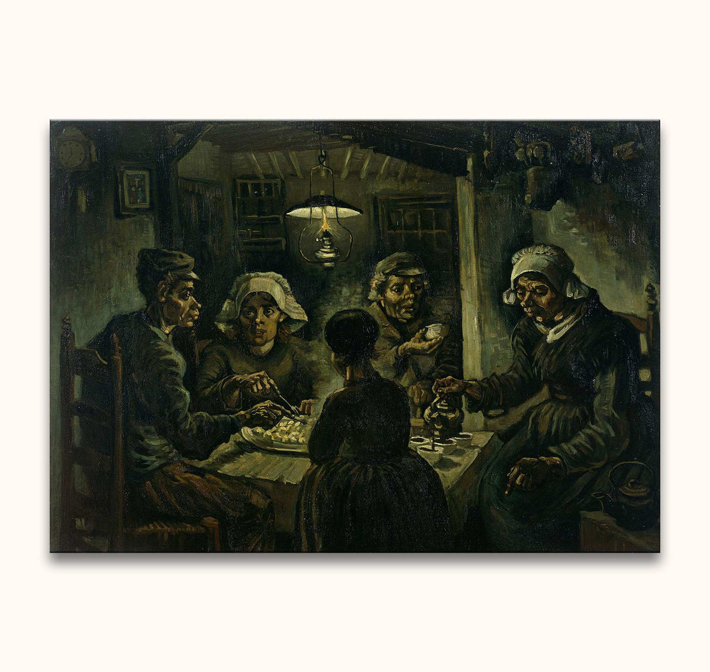 Vincent van Gogh - Aardappeleters: Vijf boeren rond tafel, aardappelen etend bij lamplicht. Handgeschilderd olieverf op canvas, geïnspireerd door rurale eenvoud.