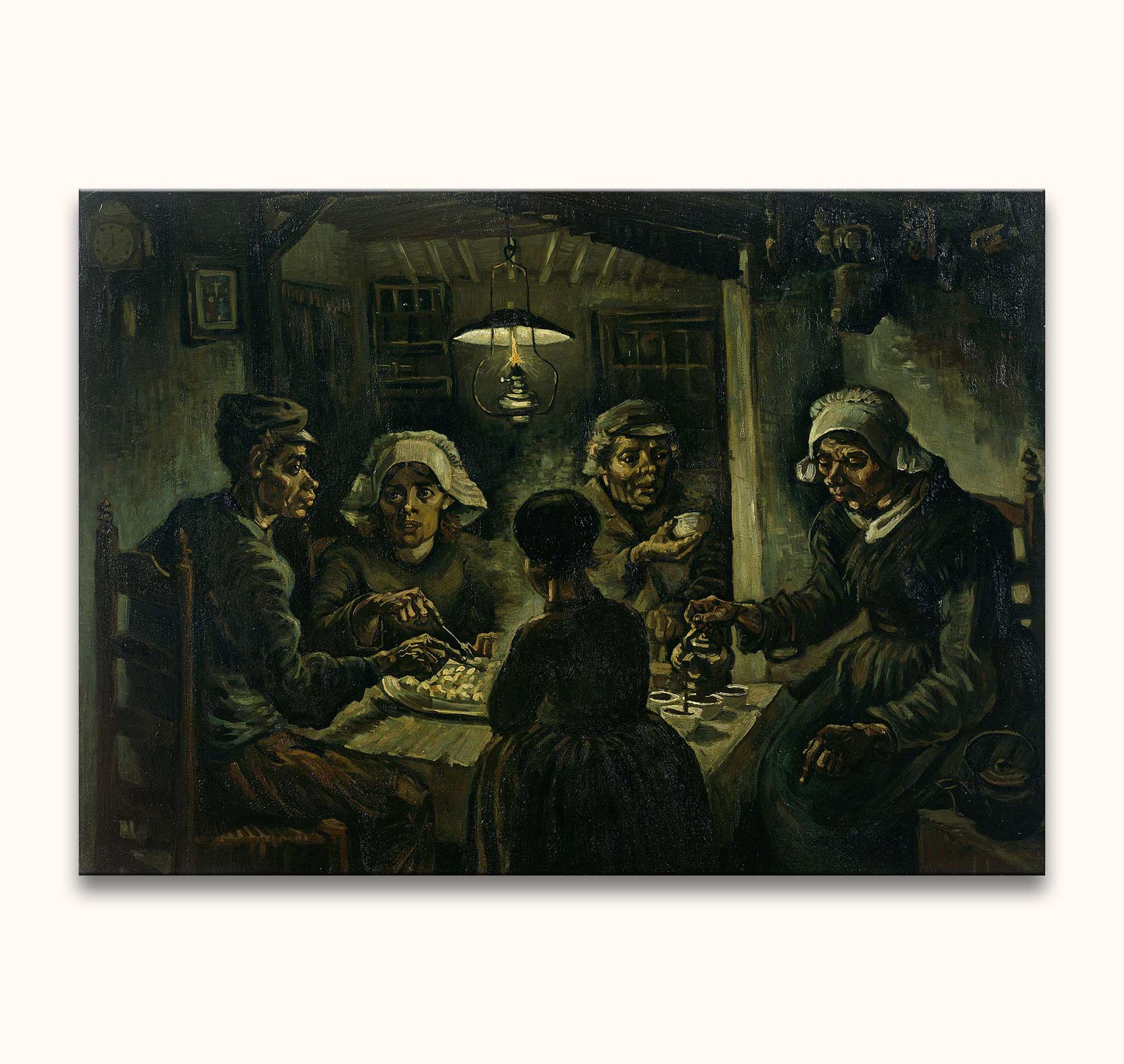 Vincent van Gogh - Aardappeleters: Vijf boeren rond tafel, aardappelen etend bij lamplicht. Handgeschilderd olieverf op canvas, geïnspireerd door rurale eenvoud.