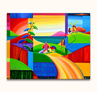 Cubist Landscape by Alexandria Winslow: A vibrant geometric oil painting featuring a winding path, houses, windmill, and stylized trees, perfect for modern art lovers.