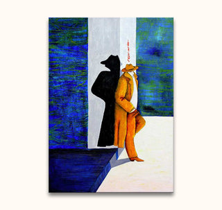 DB Waterman's 'De Alleen Man': A surreal painting of a faceless figure in a mustard-yellow coat, exploring themes of absence and shadow.