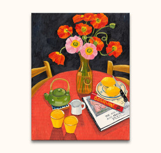 Agustin's 'Basquiat' hand-painted still life: vibrant red flowers, art books, lemons on a plate, capturing modern expressionism's energy and form.