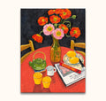 Agustin's 'Basquiat' hand-painted still life: vibrant red flowers, art books, lemons on a plate, capturing modern expressionism's energy and form.