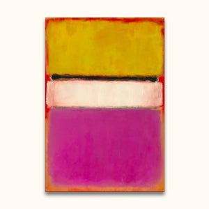 Abstract painting 'Rothko - Compositie 2' features ochre, pale, and magenta bands on a red-orange background, showcasing modern artistry on museum-quality canvas.