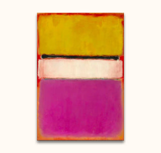 Abstract painting 'Rothko - Compositie 2' features ochre, pale, and magenta bands on a red-orange background, showcasing modern artistry on museum-quality canvas.