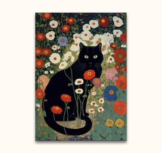 Gustav Klimt’s Garden Cat, featuring a black cat with green eyes amidst vibrant stylized flowers, hand-painted with thick oil on canvas.