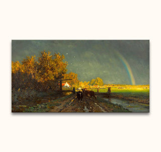 Willem Roelofs' 'De Regenboog' (120x65cm) depicts a pastoral scene with cows on a muddy track, autumn trees, a cottage, and a rainbow. Museum-quality, UV-protected.