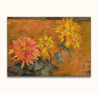 Piet Mondriaan - Drie Chrysanten: Impressionistic oil painting of three spiky blooms against an earthy background. Hand-painted, ready to hang, with UV protection.