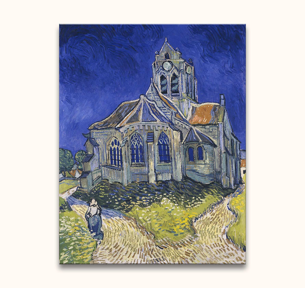 Vincent van Gogh - Kerk van Auvers: Handgeschilderd olieverfschilderij van een gotische kerk in impressionistische stijl, met wandelende vrouw op pad, gespannen op houten frame.