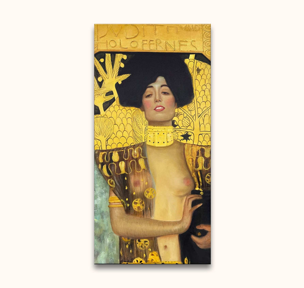 Gustav Klimt – Adele Danae: Handgeschilderd olieportret met expressieve kleuren en gouden motieven, buste van vrouw met gedetailleerde achtergrond, op canvas zonder lijst, ophangklaar.