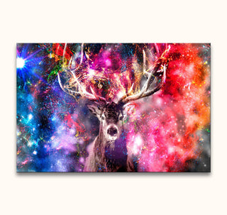 Surreal stag head with antlers amidst colorful cosmic swirls, titled Hert - Olieverf op canvas, showcasing impressionistic beauty, perfect for interior decor.
