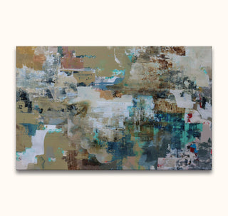 Abstract painting Day Dreams with layered earth tones and teal accents, hand-painted with oil on canvas. Ready to hang, museum-quality, perfect for modern interiors.