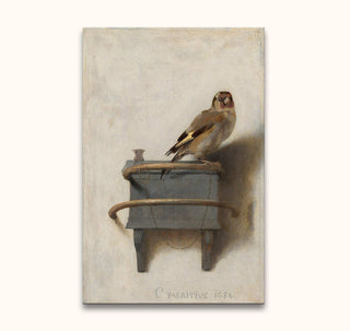 Carel Fabritius's Het Puttertje van Fabritius, oil painting of a European goldfinch on a feeding box, hand-painted on museum-quality canvas, ready to hang.