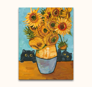 Hand-painted oil artwork Twaalf Zonnebloemen en Twee Katten featuring two curious black cats peeking from behind sunflowers, inspired by Van Gogh. Ready to hang.