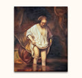 Rembrandt van Rijn – Een Vrouw Badend in een Beek: Klassiek schilderij van een vrouw in water met opgetrokken japon, omgeven door barokke kleuren en lichteffecten.