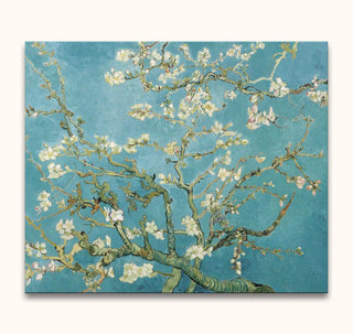 Vincent van Gogh - Amandelbloesem: Handgeschilderd olieverfschilderij met bloeiende amandeltakken in impressionistische stijl, gespannen op hout, klaar om op te hangen.
