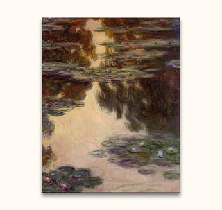 Monet's impressionistisch olieverfdoek Lotusbloemen bij Ardèche, met waterlelies en reflecties, professioneel geschilderd op museumkwaliteit canvas, klaar om op te hangen.