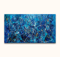 Abstract expressionist painting, 'The Big Blue', inspired by Jackson Pollock, features blue splatter style with white and gold accents. Ready to hang on wooden frame.