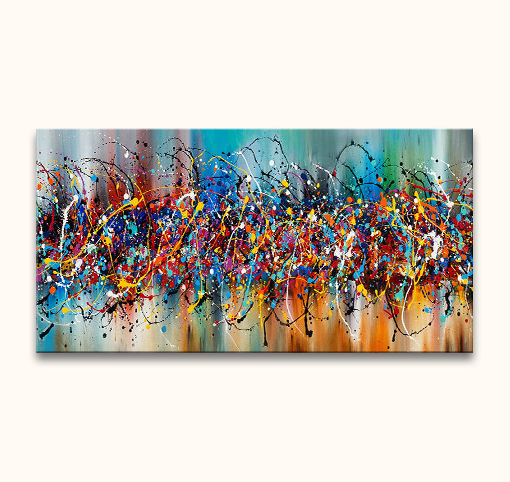Jackson Pollock signature - Colorful Days: Vibrant abstract canvas with energetic paint drips and splatters, stretched on wooden frame, ready to hang.