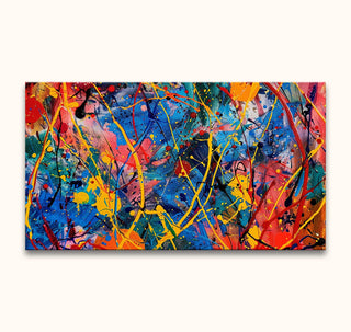 Abstract painting Candy Shop with energetic splatters and drips in vibrant colors, embodying Jackson Pollock's style. Hand-painted on museum-quality canvas, ready to hang.