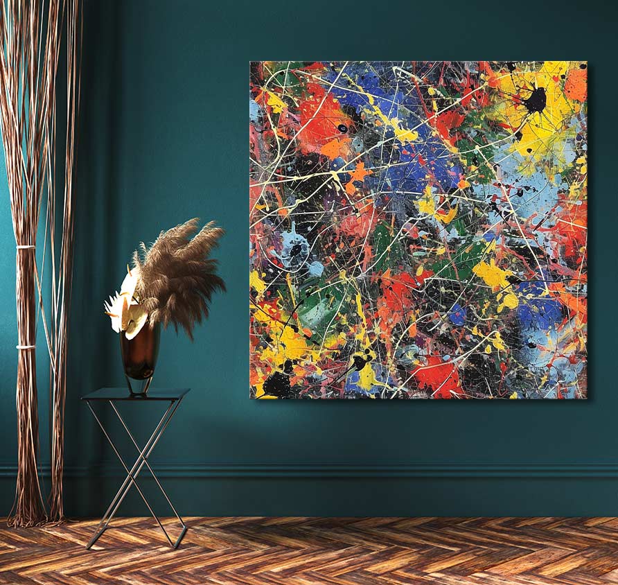 Abstract painting Jackson Pollock Signature - Day at the Park in drip style, vibrant colors, on teal wall, accompanied by dried pampas in an amber vase.