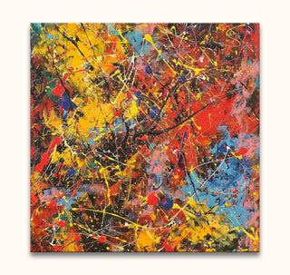 Abstract canvas Spring has Sprung in Jackson Pollock's style, featuring vibrant, chaotic splashes of primary colors, hand-painted with high-quality oil on museum-grade canvas.