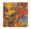 Abstract canvas Spring has Sprung in Jackson Pollock's style, featuring vibrant, chaotic splashes of primary colors, hand-painted with high-quality oil on museum-grade canvas.