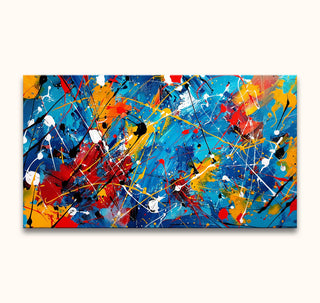 Abstract painting Jackson Pollock signature - Tropical Island with dynamic splatters in vibrant colors, hand-painted on museum-quality canvas, stretched on frame, ready to hang.