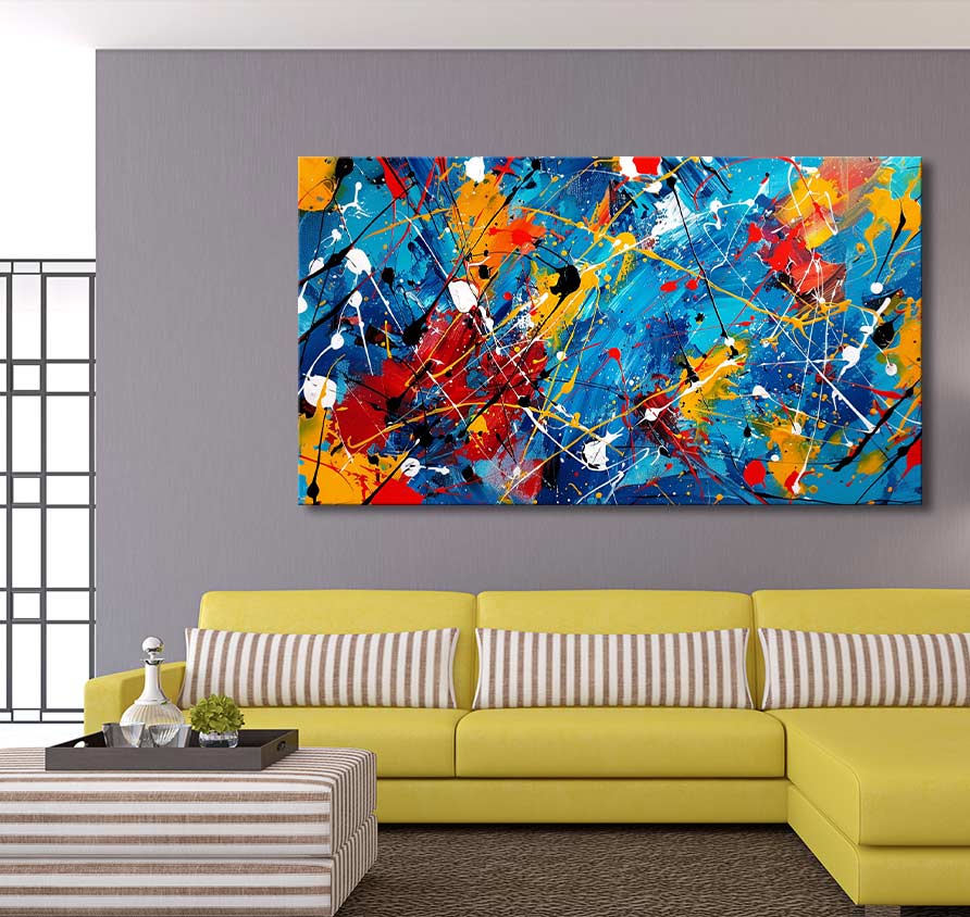 Jackson Pollock signature painting Tropical Island featured in a contemporary living room, highlighting its vibrant abstract style with a yellow sofa and striped accents.