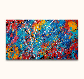 Jackson Pollock signature - Tropical Energy: Abstract-expressionist painting with dynamic splashes and drips in vibrant colors, hand-painted on museum-quality canvas.