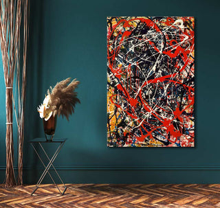 Jackson Pollock signature – A Day at the Park: Abstract-expressionistisch schilderij met kleurrijke druppel- en spettertechniek, gemonteerd op houten frame, klaar om op te hangen.