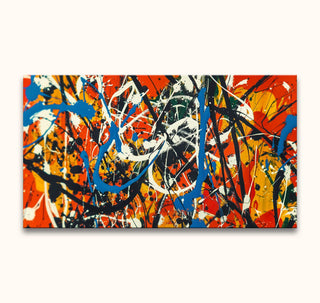 Jackson Pollock signature - Energetic Daylight: Abstract painting with dynamic swirls and splashes on a fiery red-orange background, capturing vibrant, chaotic energy.