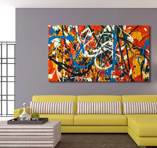 Abstract-expressionist canvas Jackson Pollock signature - Energetic Daylight with vibrant colors, hanging above a yellow sofa in a modern living room setting.