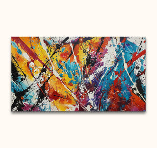 Abstract canvas titled Winter Morning with vibrant paint splatters in Jackson Pollock's style. Hand-painted, ready to hang, ideal for expressive art enthusiasts.