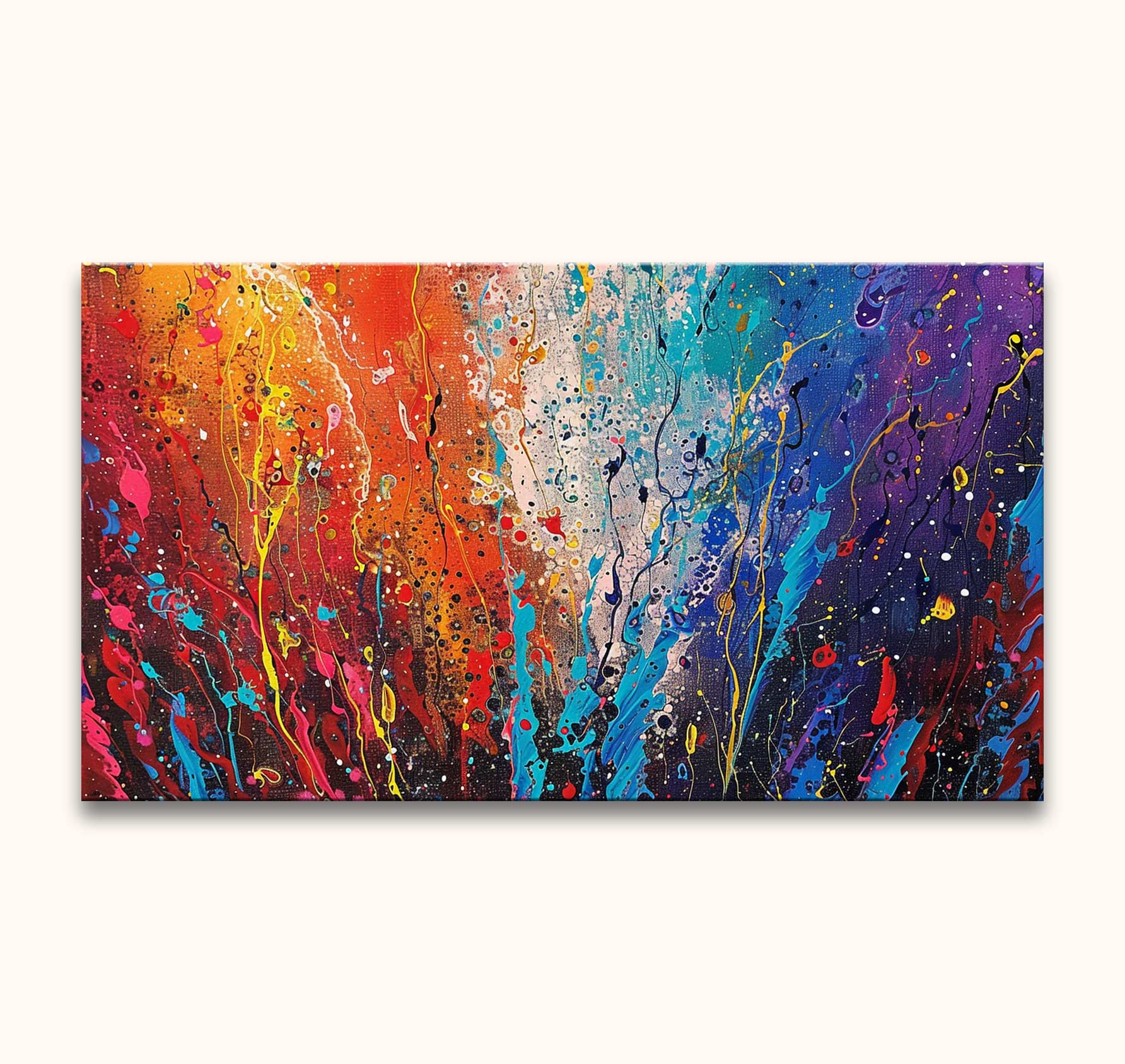 Jackson Pollock signature painting Hot Summer Day – an abstract canvas with vibrant splashes of color, showcasing dynamic, energetic artistry. Ready to hang.