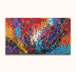 Jackson Pollock signature - Spring Days (260x130cm): Abstract canvas with bold, energetic splashes and swirls, showcasing vibrant colors in dynamic motion. Hand-painted, ready to hang.