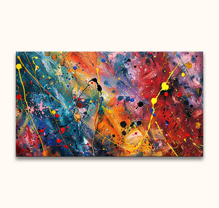 Abstract painting Summer Evening (90x60cm) in Jackson Pollock style, featuring vibrant, energetic colors and thick oil strokes on canvas. Ready to hang.
