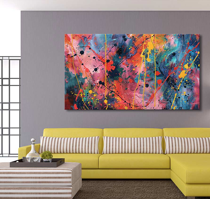 Jackson Pollock signature - Wild Pink painting above a modern, yellow sectional sofa in a contemporary living room, showcasing vibrant abstract expressionism.