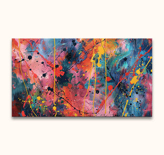 Jackson Pollock-style Wild Pink painting, featuring vibrant splatters and strokes in reds, blues, and yellows, float-mounted on a neutral wall.
