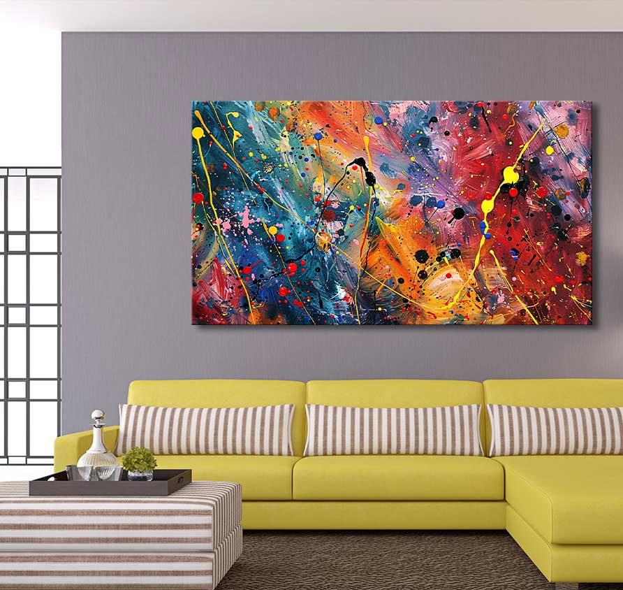 Modern living-room with Jackson Pollock-style painting, Summer Evening (90x60cm), above mustard-yellow sectional. Features abstract drip art in vibrant colors, perfect for expressive decor.