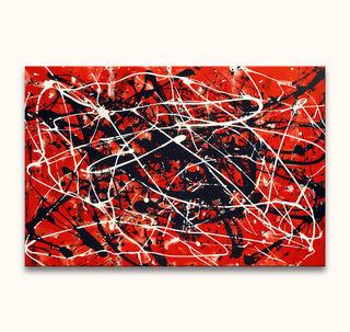Abstract red canvas with dynamic black and white drips, resembling Jackson Pollock's style. Hand-painted, high-quality oil painting, ready to hang.