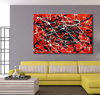 Jackson Pollock signature – Dreams on Red abstract painting above a yellow sofa in a modern living room, showcasing vibrant, expressive oil colors on museum-quality canvas.