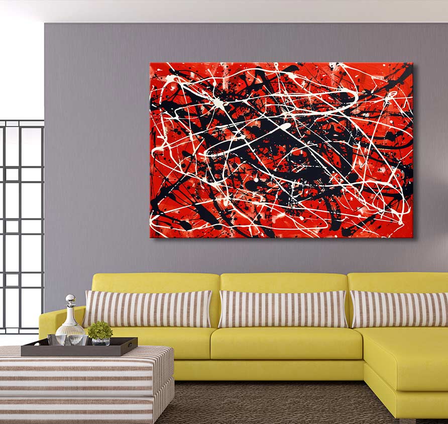 Jackson Pollock signature – Dreams on Red abstract painting above a yellow sofa in a modern living room, showcasing vibrant, expressive oil colors on museum-quality canvas.