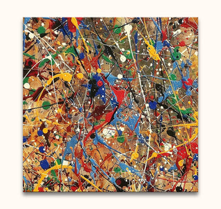 Abstract drip painting in the style of Jackson Pollock titled Summer Day, featuring vibrant, energetic splashes on a tan canvas, hand-painted for expressive art enthusiasts.